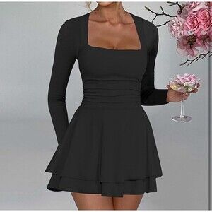 Women's Size Small Black Square Neck Pleated Dress  Waist Cinched Long Sleeve
